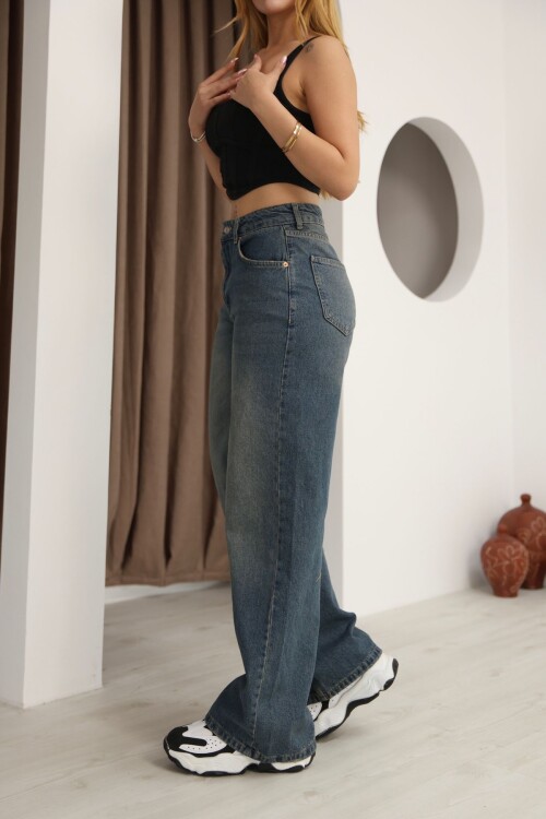 Mavi Yüksek Bel Taş Yıkamalı Tint Efektli Palazzo Kot Pantolon