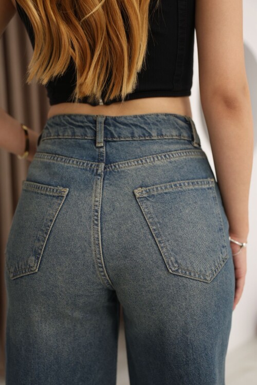 Mavi Yüksek Bel Taş Yıkamalı Tint Efektli Palazzo Kot Pantolon