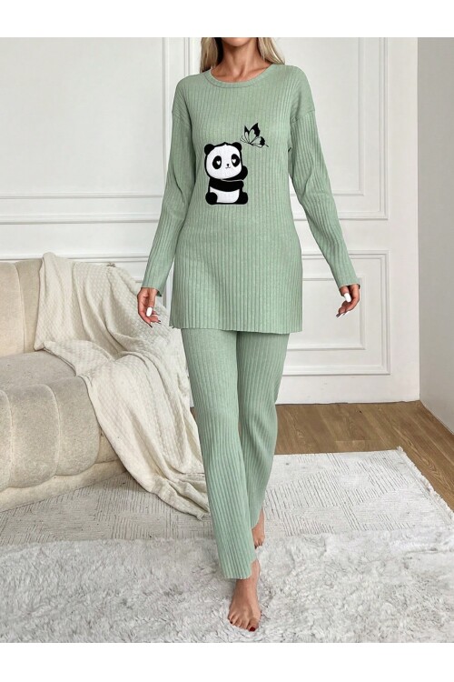 Mint Panda Nakışlı Bisiklet Yaka Boru Paça Fitilli Kaşkorse İkili Takım