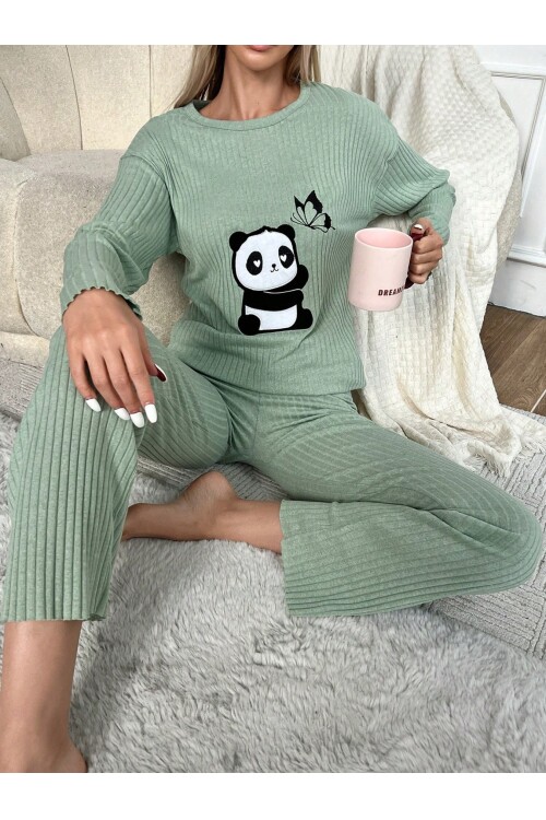 Mint Panda Nakışlı Bisiklet Yaka Boru Paça Fitilli Kaşkorse İkili Takım