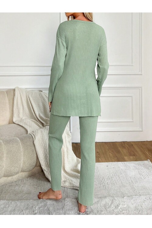 Mint Panda Nakışlı Bisiklet Yaka Boru Paça Fitilli Kaşkorse İkili Takım