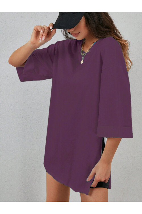 Mor Duble Kol Geniş Kesim Asimetrik Yırtmaçlı Örme T-Shirt