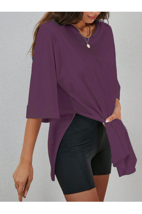 Mor Duble Kol Geniş Kesim Asimetrik Yırtmaçlı Örme T-Shirt