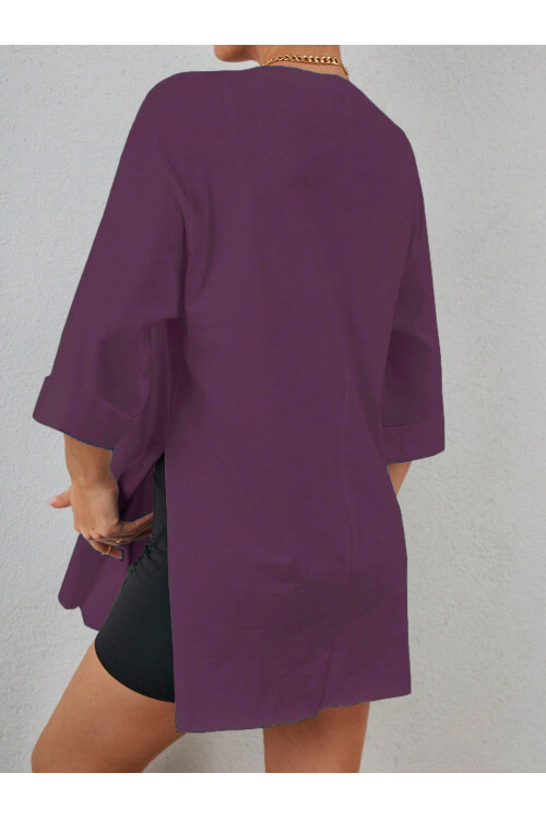 Mor Duble Kol Geniş Kesim Asimetrik Yırtmaçlı Örme T-Shirt