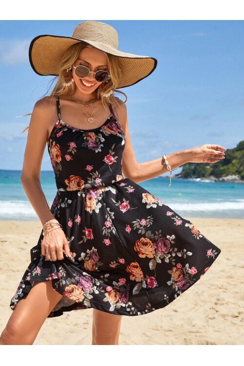 Mor-Turuncu Çiçek Desenli Kare Yaka Diz Üstü Siyah Askılı Elbise