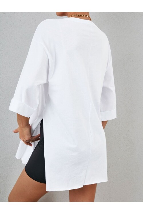 Moviment Kadın Standart Beden Duble Kol Yandan Yırtmaçlı Beyaz T-shirt