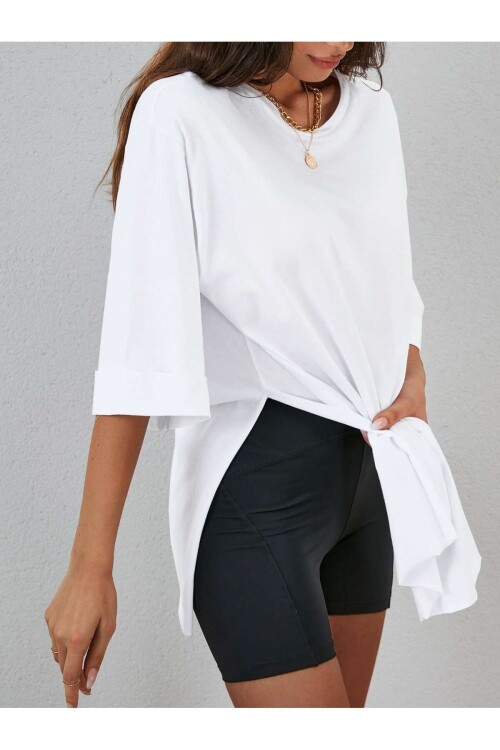 Moviment Kadın Standart Beden Duble Kol Yandan Yırtmaçlı Beyaz T-shirt
