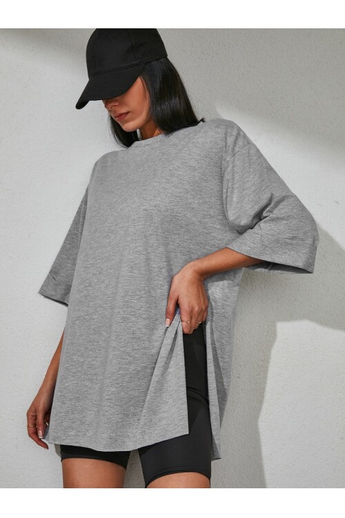 Moviment Kadın Standart Beden Duble Kol Yandan Yırtmaçlı Gri Melanj T-shirt