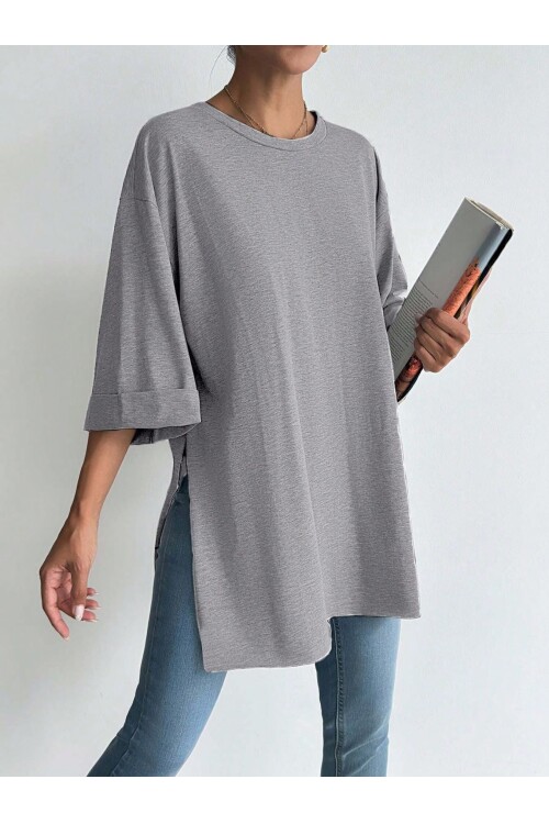 Moviment Kadın Standart Beden Duble Kol Yandan Yırtmaçlı Gri Melanj T-shirt