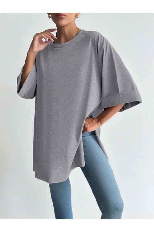 Moviment Kadın Standart Beden Duble Kol Yandan Yırtmaçlı Gri Melanj T-shirt