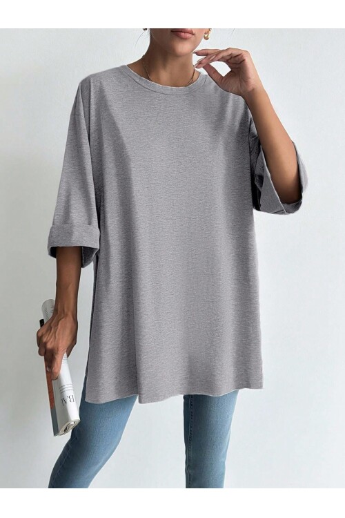 Moviment Kadın Standart Beden Duble Kol Yandan Yırtmaçlı Gri Melanj T-shirt