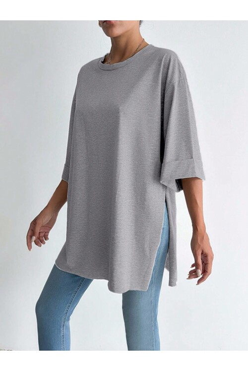 Moviment Kadın Standart Beden Duble Kol Yandan Yırtmaçlı Gri Melanj T-shirt