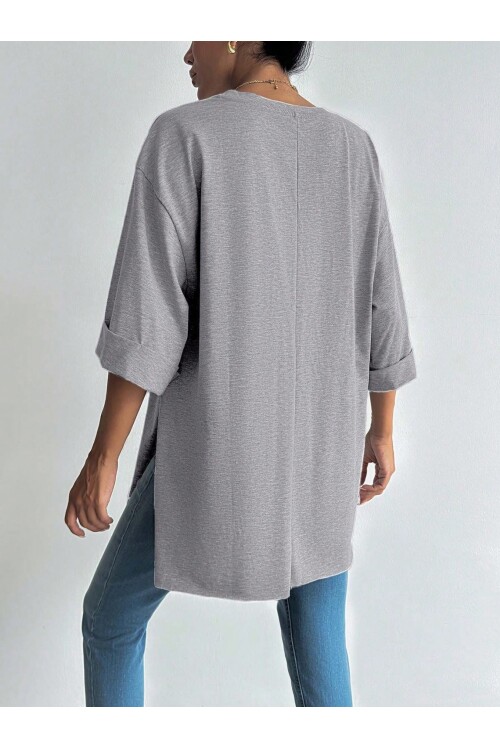 Moviment Kadın Standart Beden Duble Kol Yandan Yırtmaçlı Gri Melanj T-shirt