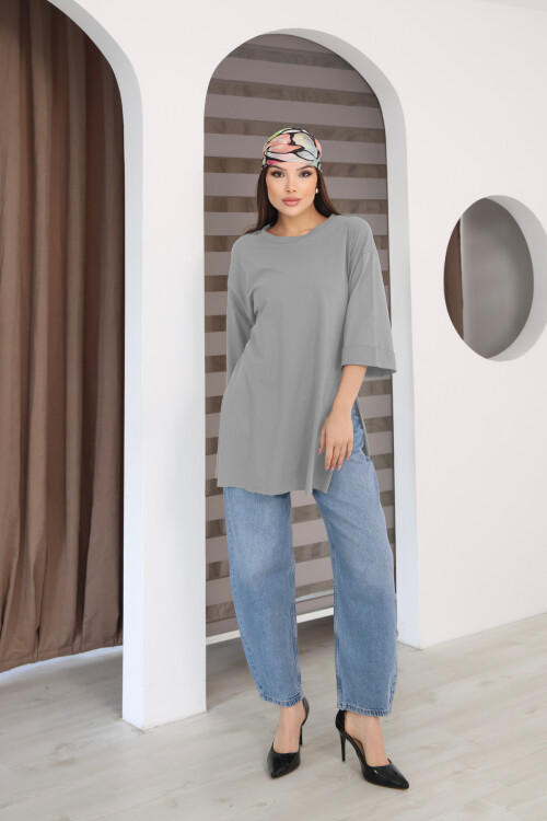 Moviment Kadın Standart Beden Duble Kol Yandan Yırtmaçlı Gri Melanj T-shirt