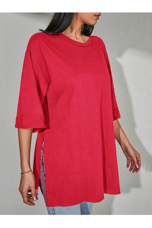 Moviment Kadın Standart Beden Duble Kol Yandan Yırtmaçlı Kırmızı T-shirt