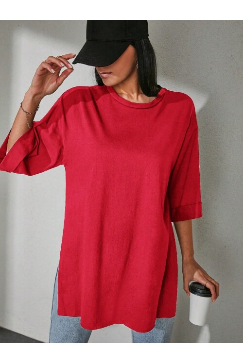 Moviment Kadın Standart Beden Duble Kol Yandan Yırtmaçlı Kırmızı T-shirt