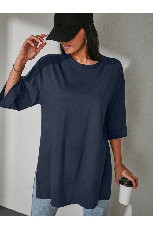 Moviment Kadın Standart Beden Duble Kol Yandan Yırtmaçlı Lacivert T-shirt