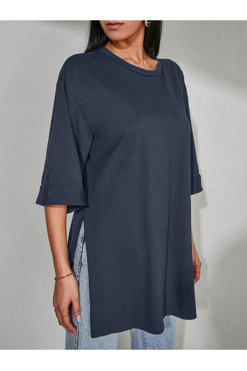 Moviment Kadın Standart Beden Duble Kol Yandan Yırtmaçlı Lacivert T-shirt