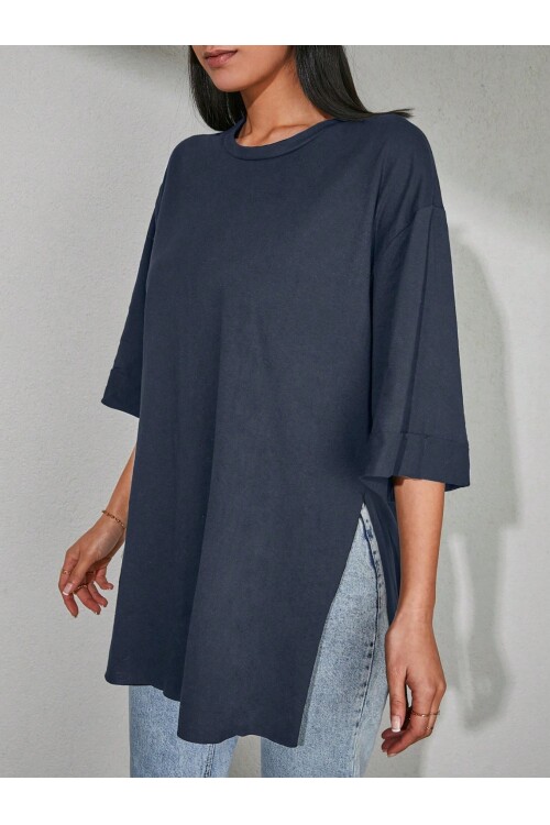 Moviment Kadın Standart Beden Duble Kol Yandan Yırtmaçlı Lacivert T-shirt