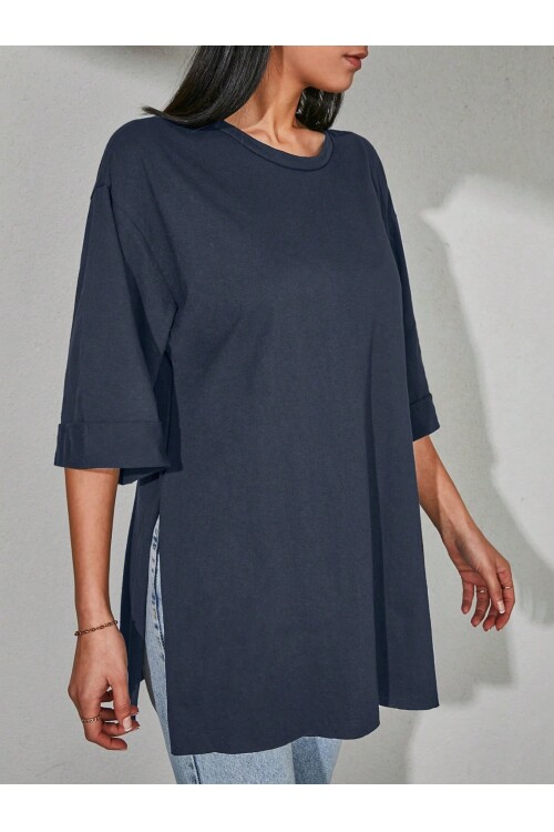 Moviment Kadın Standart Beden Duble Kol Yandan Yırtmaçlı Lacivert T-shirt