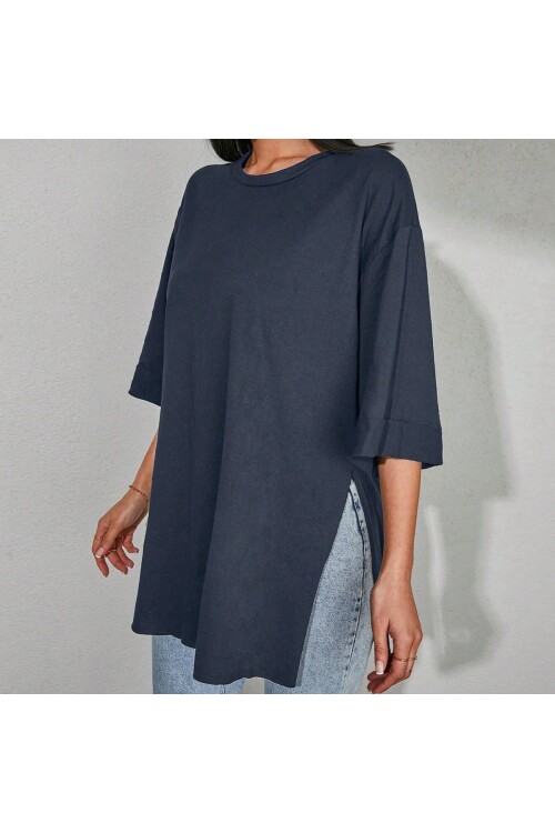 Moviment Kadın Standart Beden Duble Kol Yandan Yırtmaçlı Lacivert T-shirt