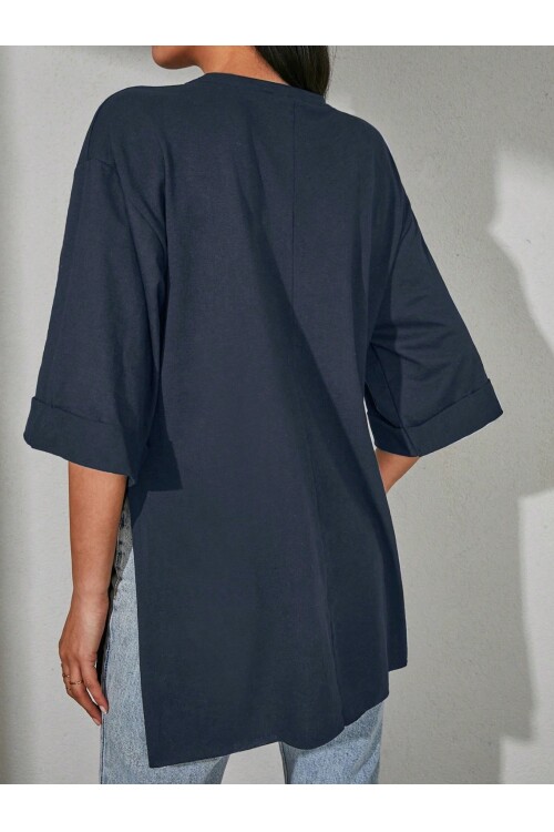 Moviment Kadın Standart Beden Duble Kol Yandan Yırtmaçlı Lacivert T-shirt