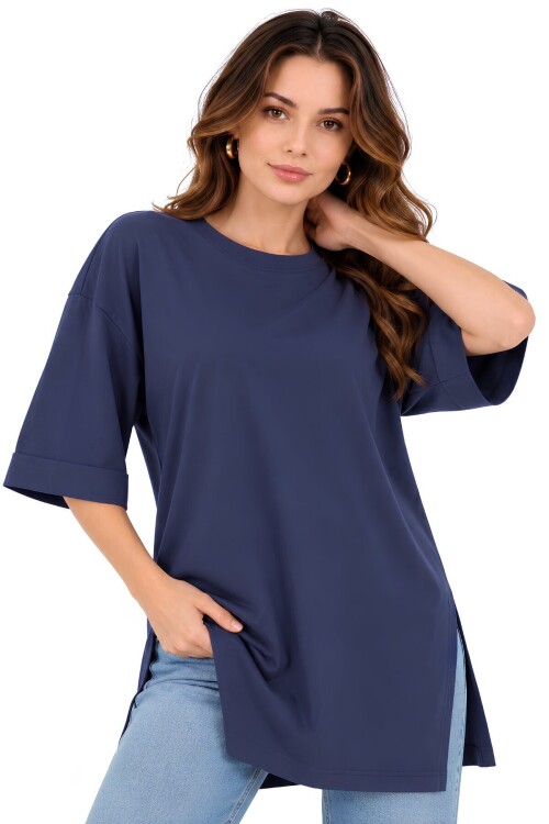 Moviment Kadın Standart Beden Duble Kol Yandan Yırtmaçlı Lacivert T-shirt