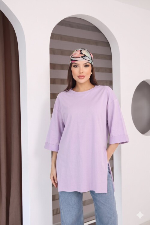 Moviment Kadın Standart Beden Duble Kol Yandan Yırtmaçlı Lila T-shirt