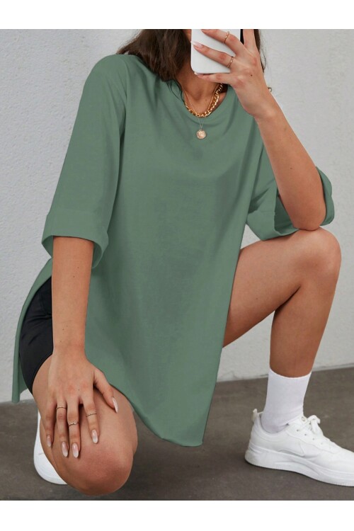 Moviment Kadın Standart Beden Duble Kol Yandan Yırtmaçlı Mint T-shirt