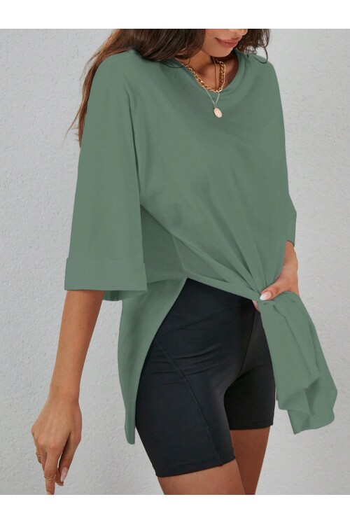 Moviment Kadın Standart Beden Duble Kol Yandan Yırtmaçlı Mint T-shirt