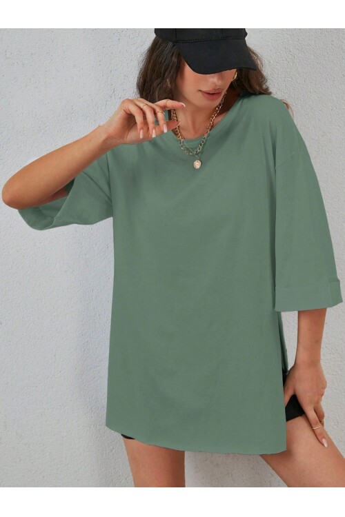 Moviment Kadın Standart Beden Duble Kol Yandan Yırtmaçlı Mint T-shirt