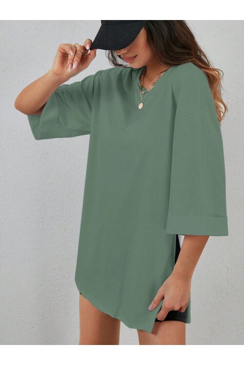 Moviment Kadın Standart Beden Duble Kol Yandan Yırtmaçlı Mint T-shirt