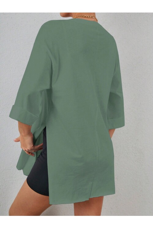 Moviment Kadın Standart Beden Duble Kol Yandan Yırtmaçlı Mint T-shirt