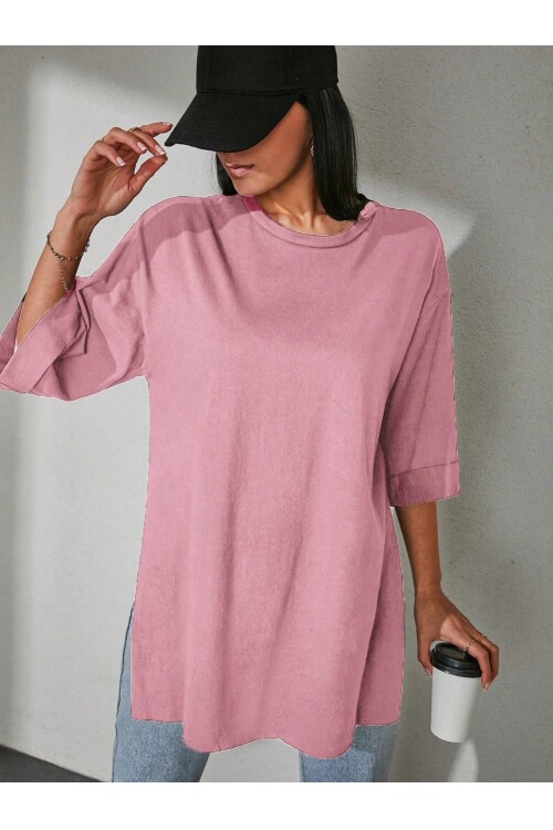 Moviment Kadın Standart Beden Duble Kol Yandan Yırtmaçlı Pembe T-shirt