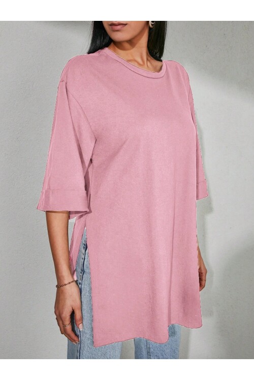 Moviment Kadın Standart Beden Duble Kol Yandan Yırtmaçlı Pembe T-shirt