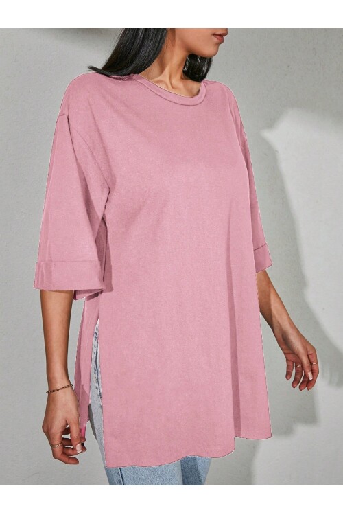 Moviment Kadın Standart Beden Duble Kol Yandan Yırtmaçlı Pembe T-shirt