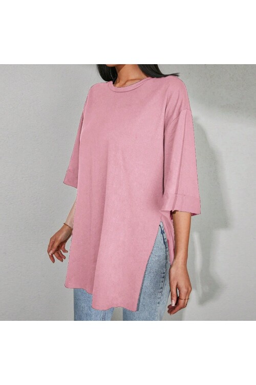 Moviment Kadın Standart Beden Duble Kol Yandan Yırtmaçlı Pembe T-shirt