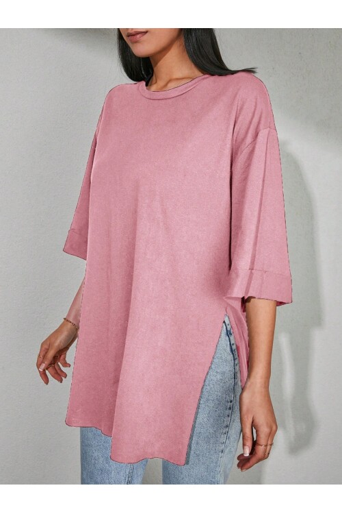 Moviment Kadın Standart Beden Duble Kol Yandan Yırtmaçlı Pembe T-shirt