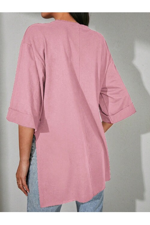 Moviment Kadın Standart Beden Duble Kol Yandan Yırtmaçlı Pembe T-shirt