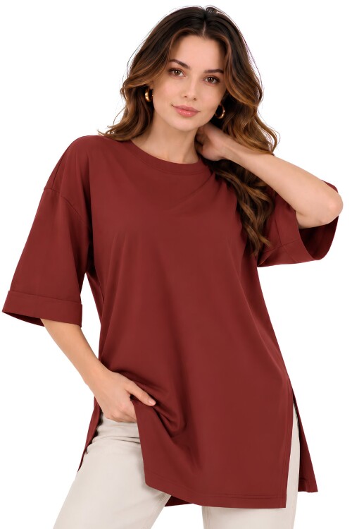 Moviment Kadın Standart Beden Duble Kol Yandan Yırtmaçlı Kiremit Rengi T-shirt