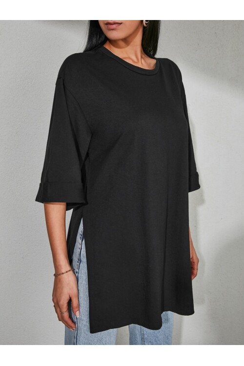 Moviment Kadın Standart Beden Duble Kol Yandan Yırtmaçlı Siyah T-shirt