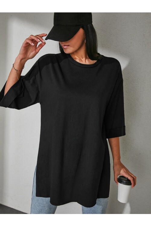 Moviment Kadın Standart Beden Duble Kol Yandan Yırtmaçlı Siyah T-shirt