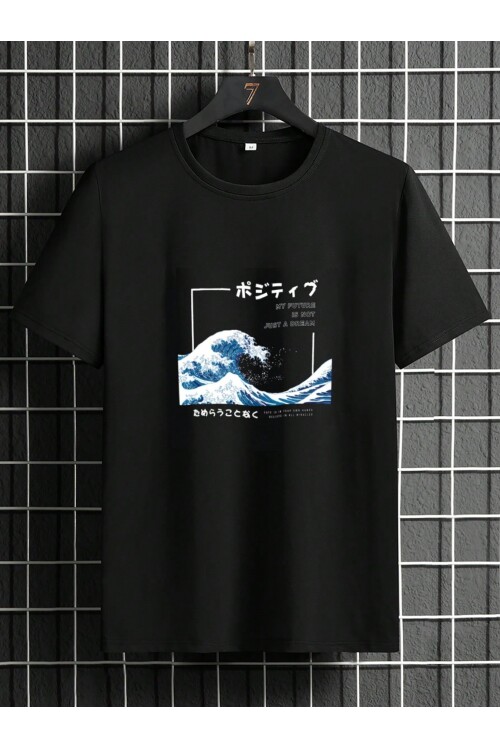 Siyah Bisiklet Yaka Önü Dalga Baskılı Erkek T-Shirt