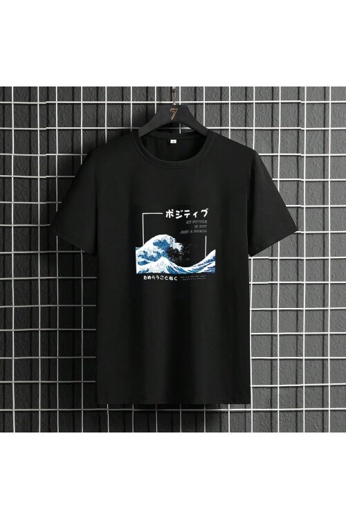 Siyah Bisiklet Yaka Önü Dalga Baskılı Erkek T-Shirt