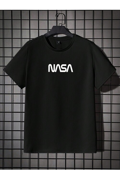 Siyah Bisiklet Yaka Önü NASA Baskılı Erkek T-shirt
