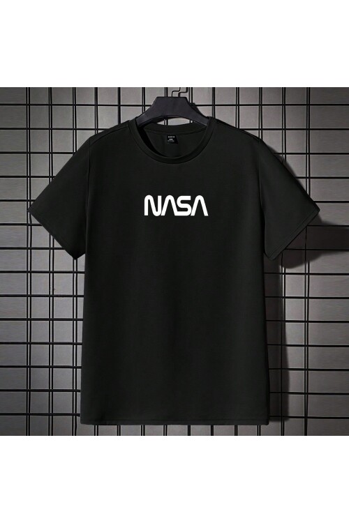 Siyah Bisiklet Yaka Önü NASA Baskılı Erkek T-shirt