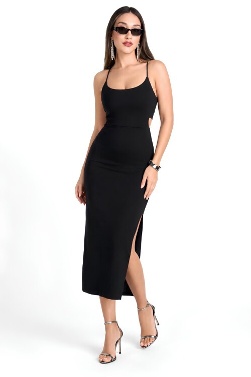 Siyah Bodycon Midi Kalem Elbise | İnce Askılı Havuz Yaka | Cut Out Sırt Dekolteli Yırtmaç Detaylı | Viskon Karışımlı İnterlok Esnek Örme Kumaş