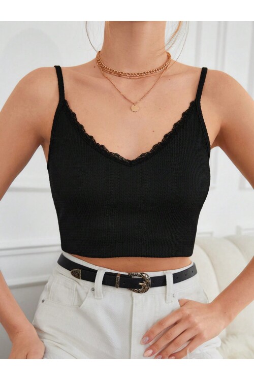 Siyah Dantel Detay Fitted İnce Askılı Atlet