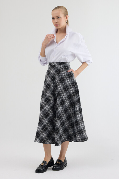 Siyah-Gri Aura Yüksek Bel A-Kesim Ekose Midi Etek