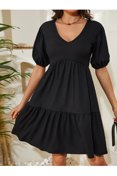 Siyah Karpuz Kol V Yaka Eteği Pile Detaylı Elbise